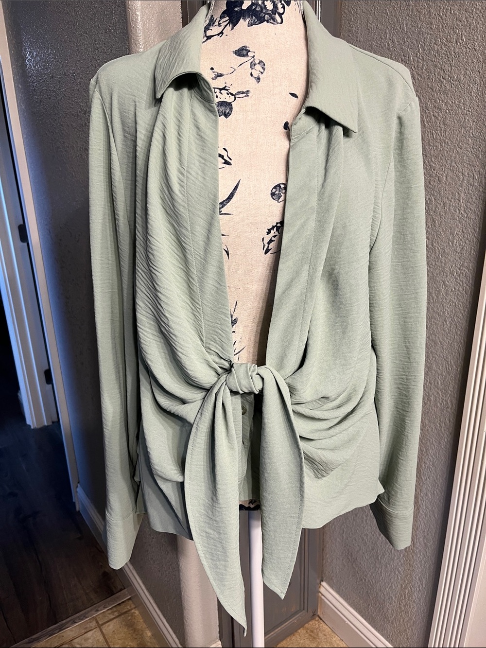 Calvin Klein Sage Green Tie-Front Blouse